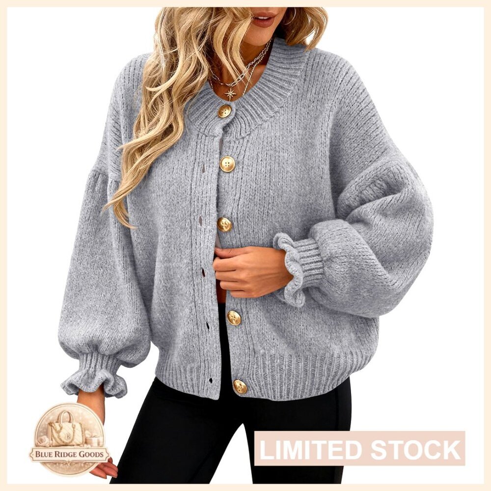 Cropped Cardigan with Ruffle Sleeves Chunky Knit Open Front Button Down